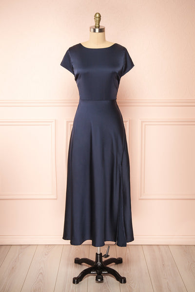 Elyrina Navy Maxi Satin Dress w/ Back Opening | Boutique 1861 front view