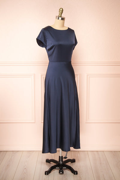 Elyrina Navy Maxi Satin Dress w/ Back Opening | Boutique 1861 side view