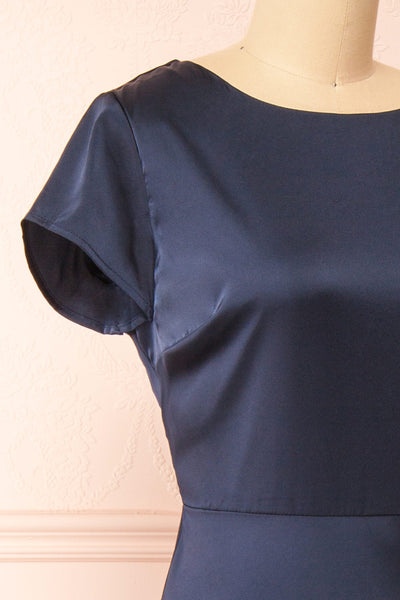 Elyrina Navy Maxi Satin Dress w/ Back Opening | Boutique 1861 side close-up