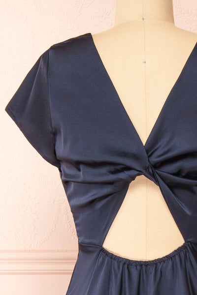 Elyrina Navy Maxi Satin Dress w/ Back Opening | Boutique 1861 back close-up