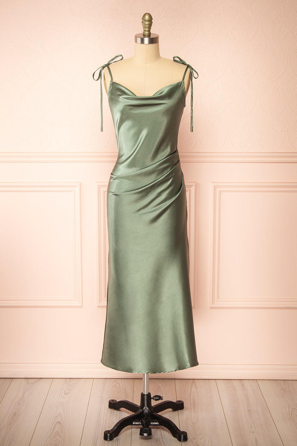 Elyse Khaki Cowl Neck Midi Dress | Boutique 1861 front view