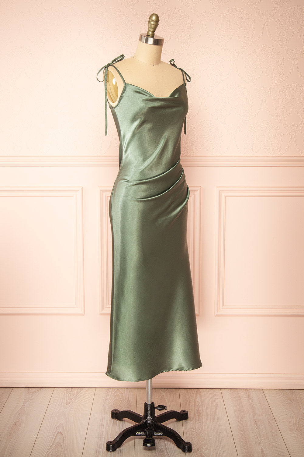 Elyse Khaki Cowl Neck Midi Dress | Boutique 1861 side view