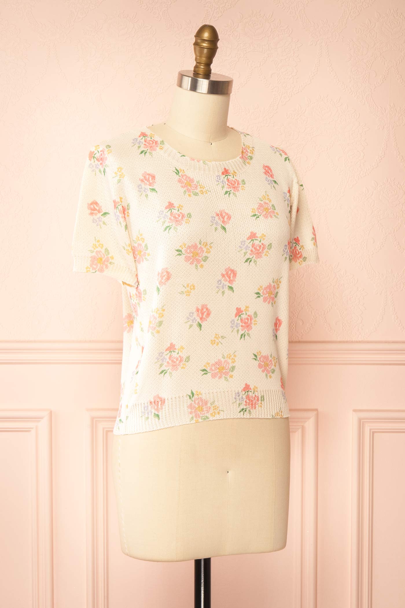 Profile view Elysera Floral Knit Short Sleeve Top at la boutique 1861