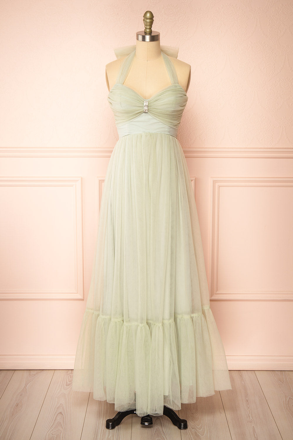 Emberly Sage Tulle Dress w/ Halter Neck | Boutique 1861 front view