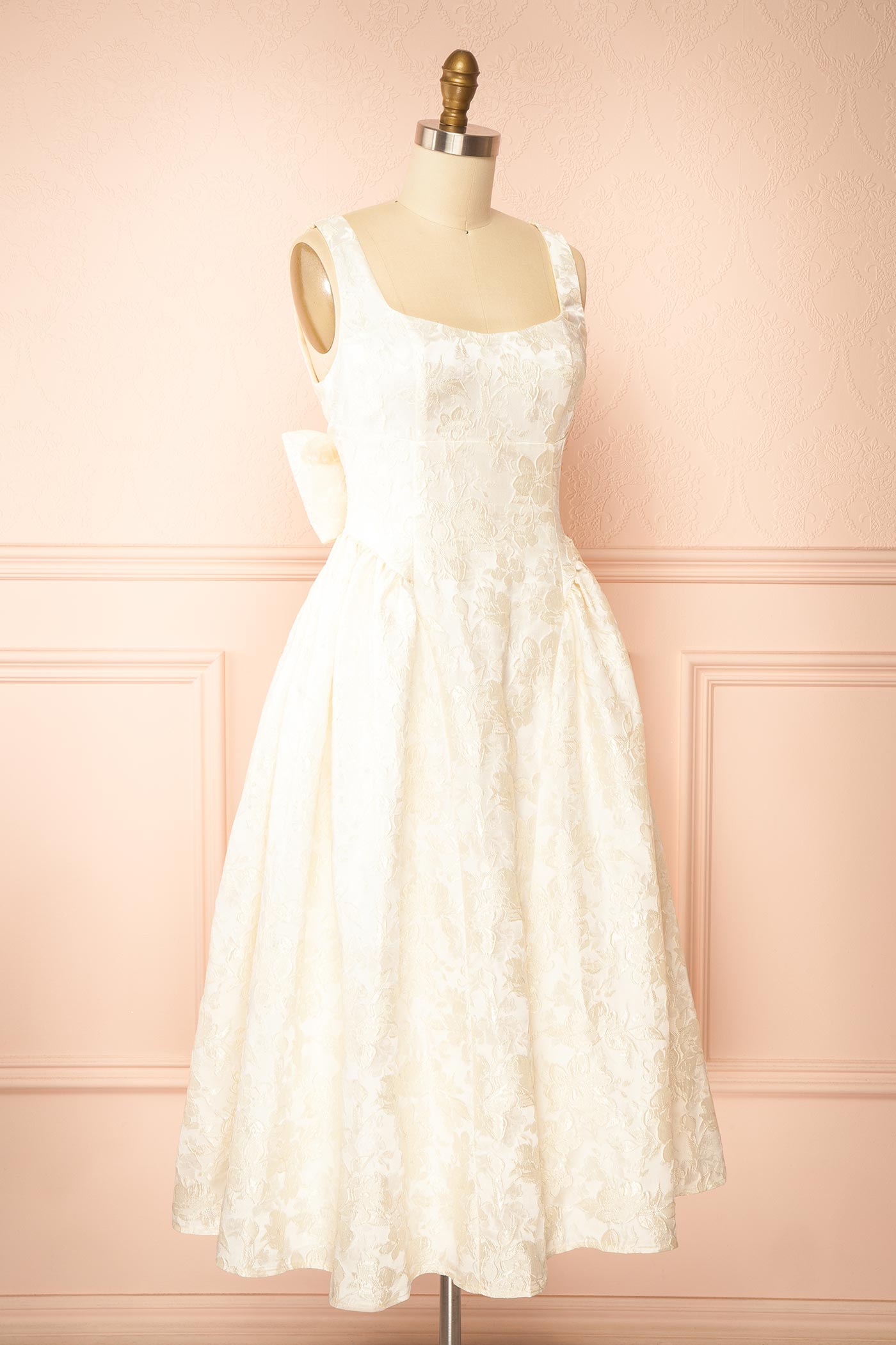Emela Ivory | Midi Floral Dress with Bow at Back
