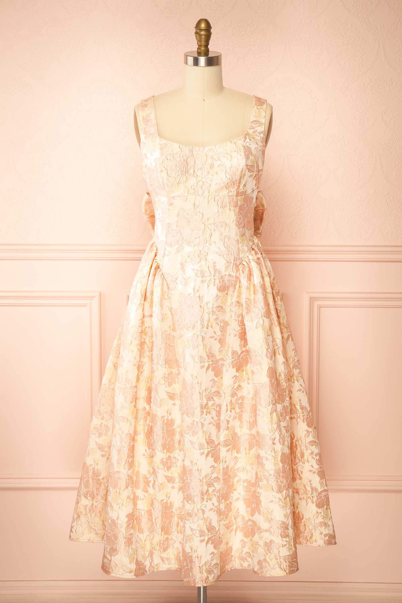 Emela Pink | Midi Floral Dress with Bow at Back
