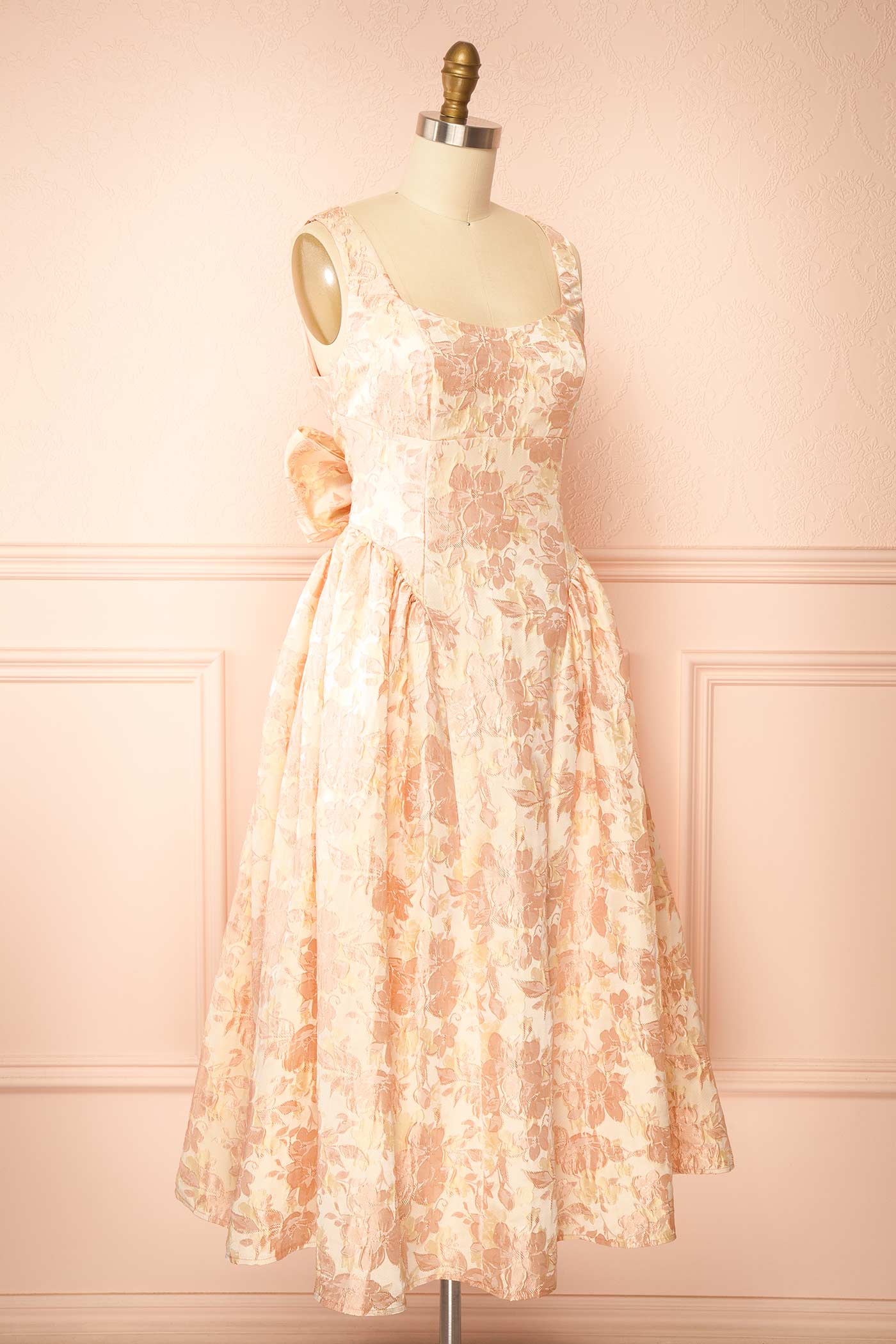 Emela Pink | Midi Floral Dress with Bow at Back