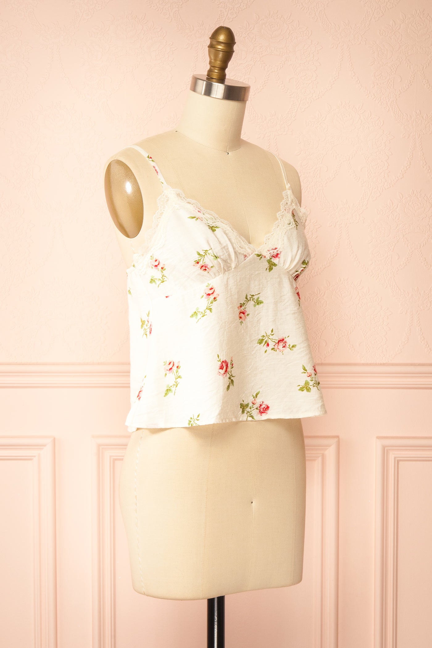 Profile view Emryn Floral Rose Print Lace-Trim Ivory Camisole Top at boutique 1861