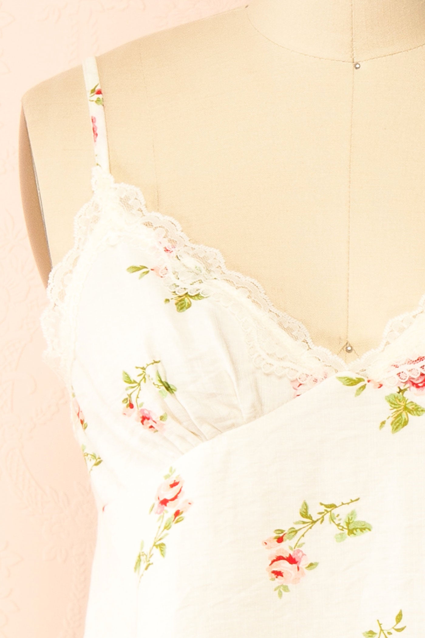 Profile view Emryn Floral Rose Print Lace-Trim Ivory Camisole Top at boutique 1861