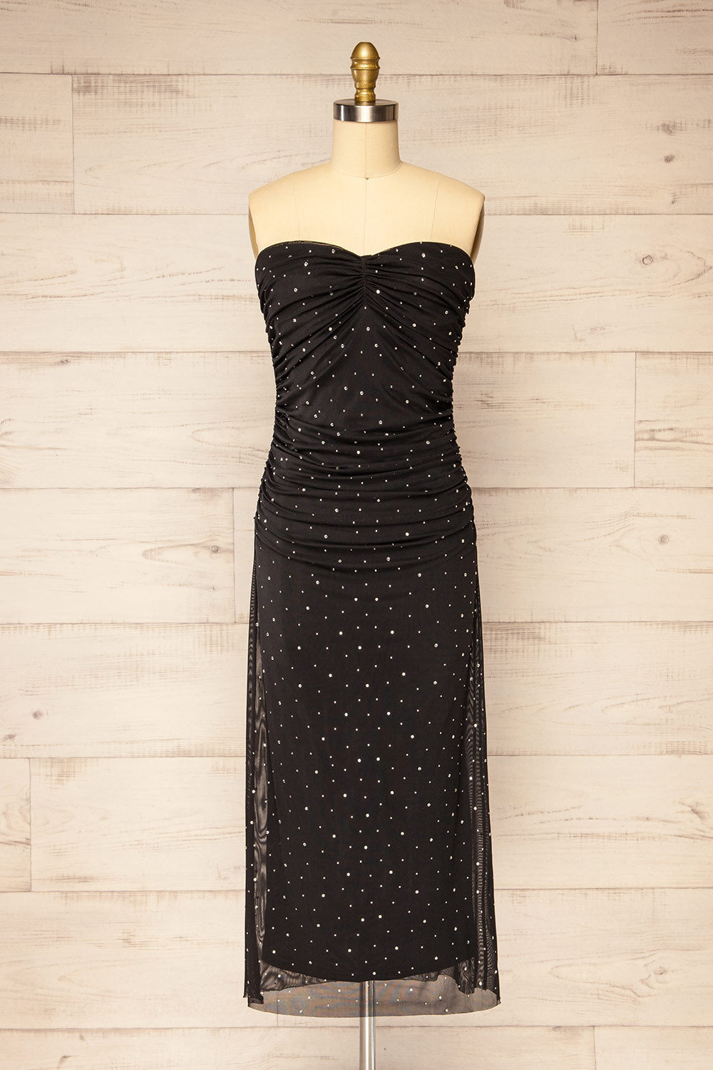 Ensenada Black Fitted Ruched Dress w/ Crystals | La petite garçonne front view