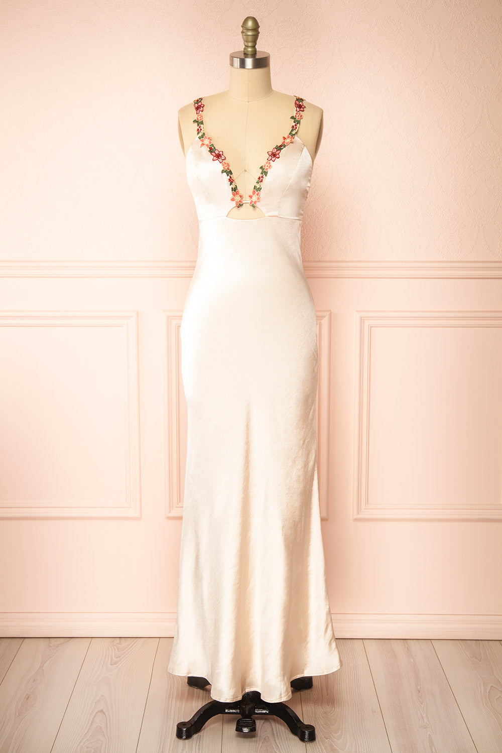 Envya Champagne Satin Maxi Dress w/ Floral Embroidery | Boutique 1861 front view