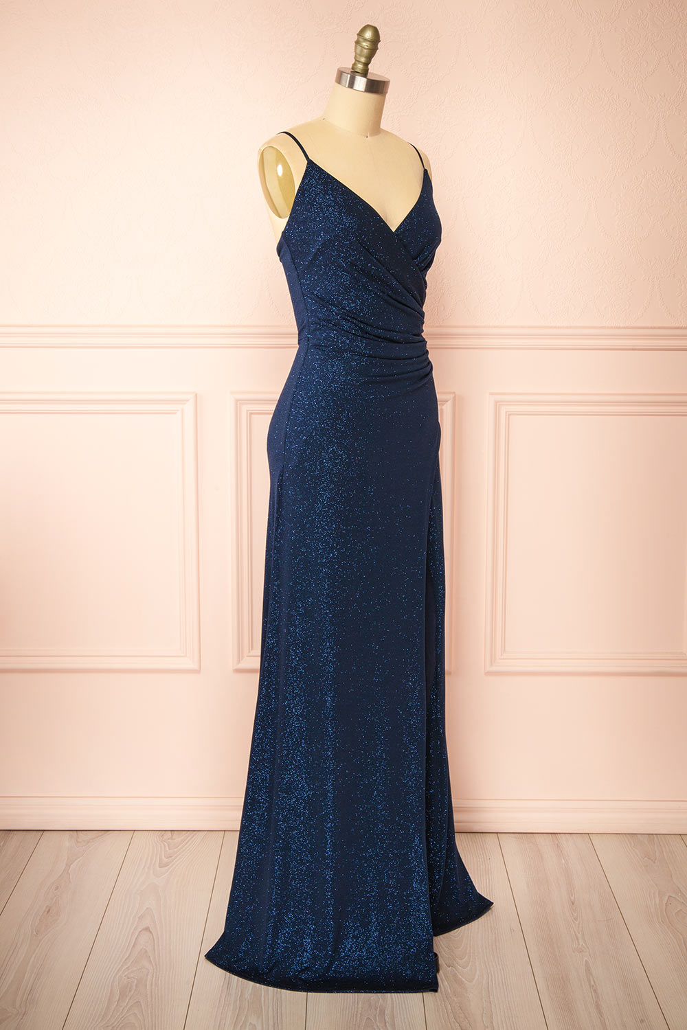 Enyra Navy Sparkling Dress w/ Wrapped Bodice | Boutique 1861 side view 