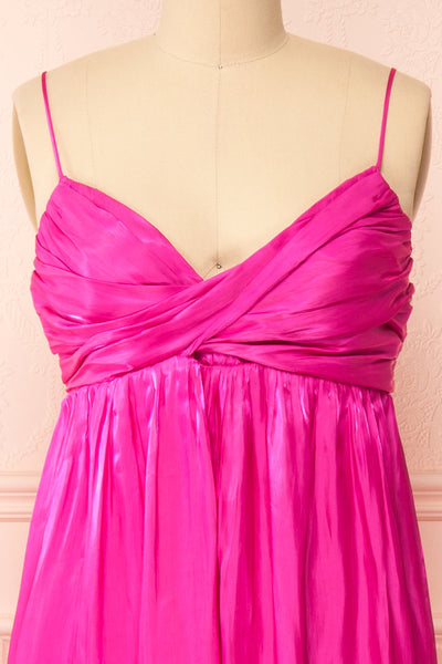Eowyn Fucshia Silky Pleated Maxi Dress | Boutique 1861 front close-up