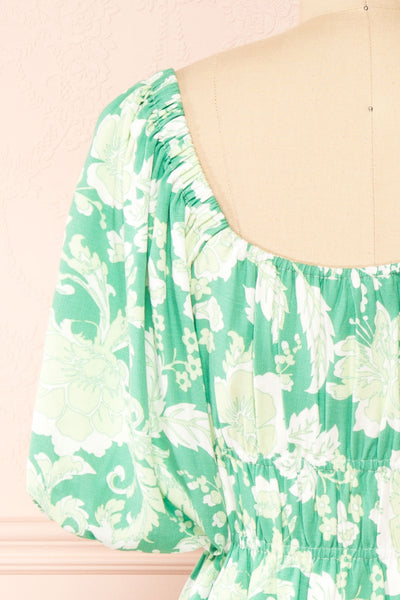 Esadora Short Green Floral Dress w/ Bows | Boutique 1861 back close-up
