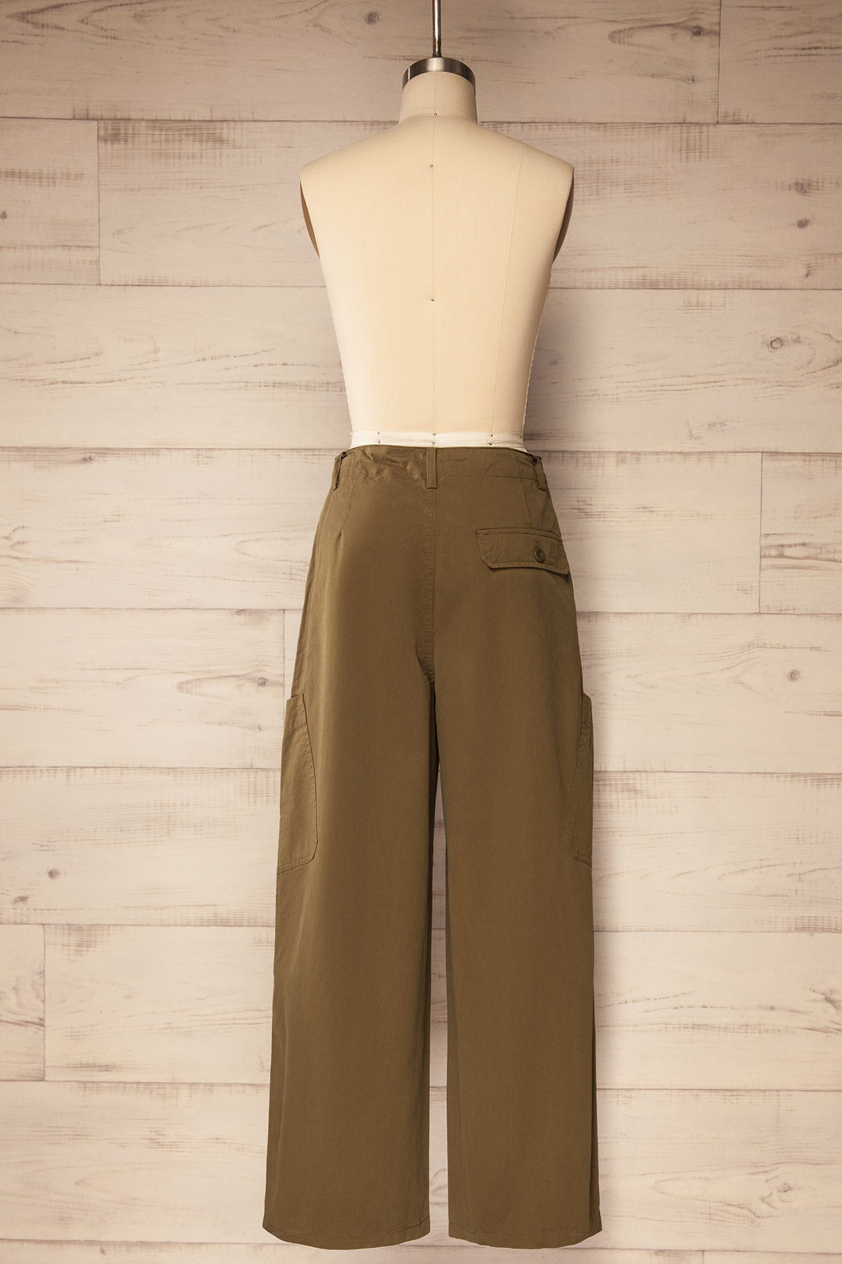 back view of Esker Khaki Barrel Leg Cargo Pants with Drawstring at La petite garçonne