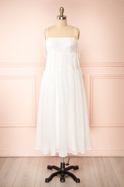 Esmeira White Tiered Polka Dot Midi Dress | Boutique 1861 front view
