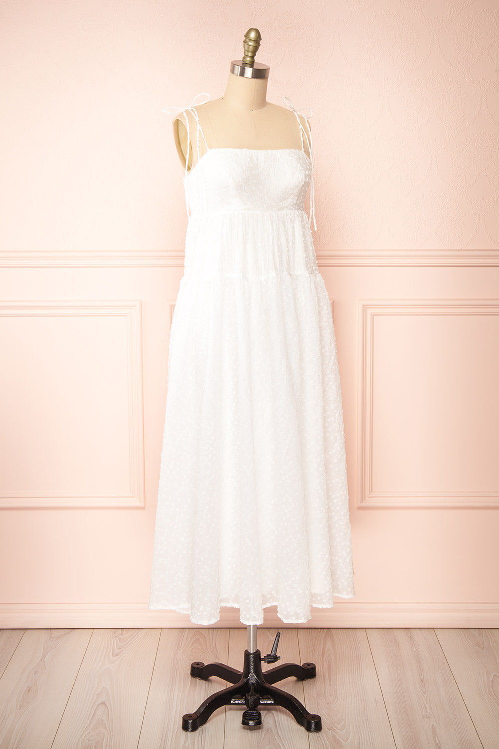Esmeira White Tiered Polka Dot Midi Dress | Boutique 1861  side view