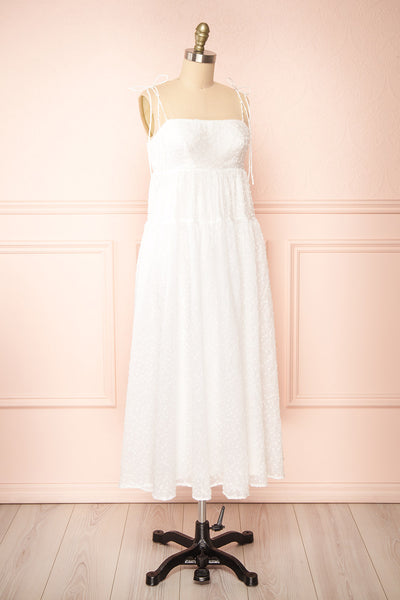 Esmeira White Tiered Polka Dot Midi Dress | Boutique 1861  side view