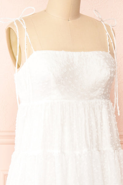 Esmeira White Tiered Polka Dot Midi Dress | Boutique 1861  side close-up