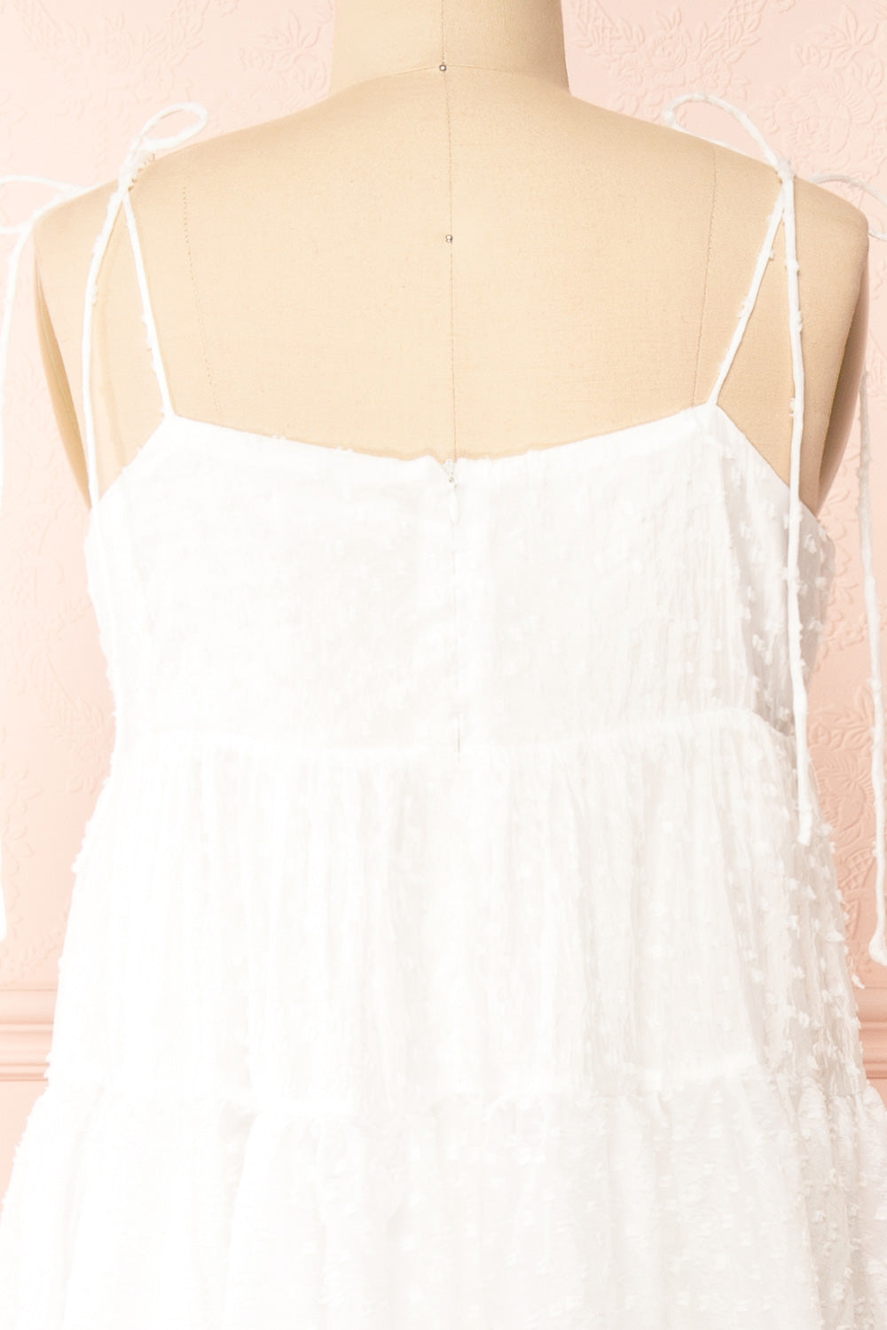 Esmeira White Tiered Polka Dot Midi Dress | Boutique 1861  back close-up