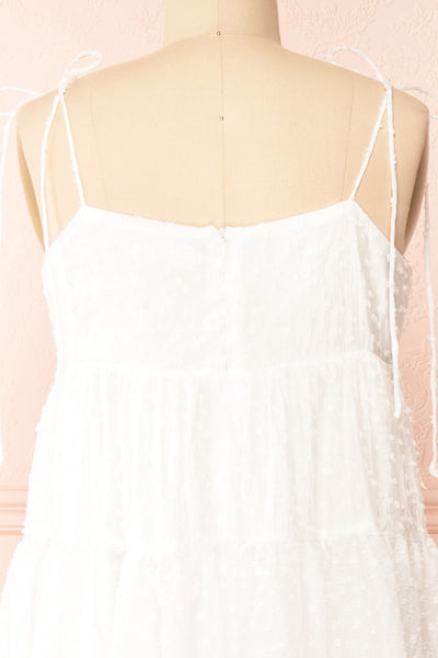 Esmeira White Tiered Polka Dot Midi Dress | Boutique 1861  back close-up