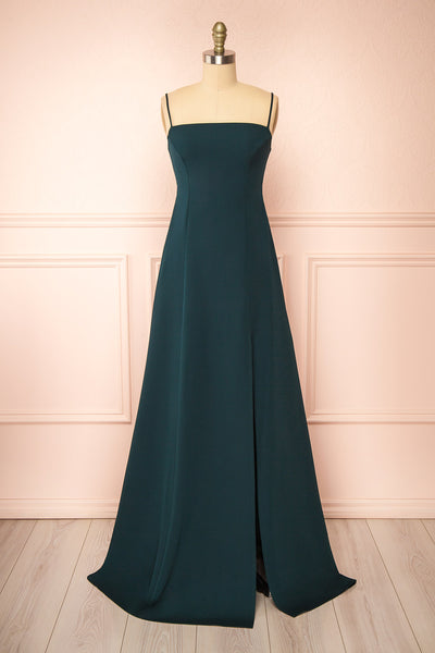 Estella Green Maxi A-line Dress w/ Slit | Boudoir 1861 front view
