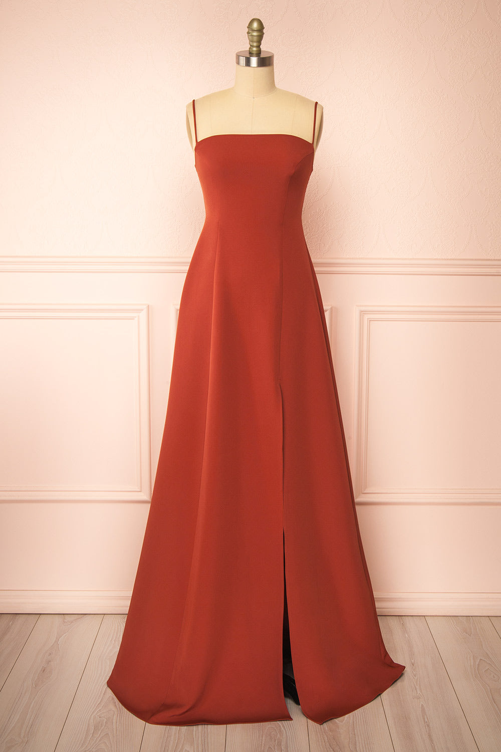 Estella Rust Maxi A-line Dress w/ Slit | Boudoir 1861 front view