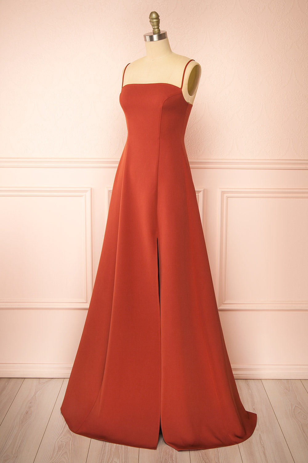 Estella Rust Maxi A-line Dress w/ Slit | Boudoir 1861 side view