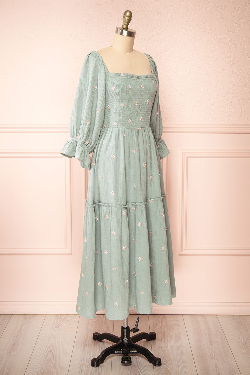 Estelle Blue Grey Midi Dress w Floral Embroidery