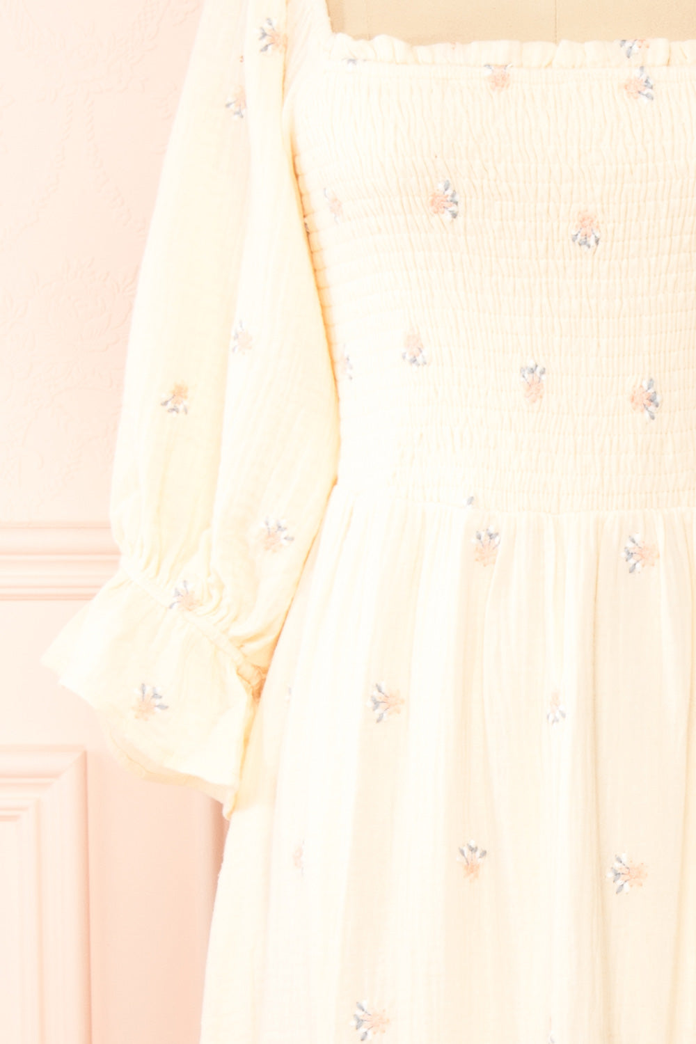 Estelle Ivory Midi Dress w/ Floral Embroidery | Boutique 1861 sleeve close-up
