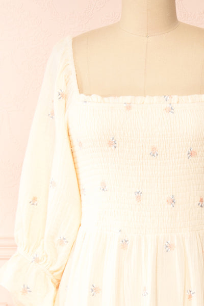 Estelle Ivory Midi Dress w/ Floral Embroidery | Boutique 1861 front close-up