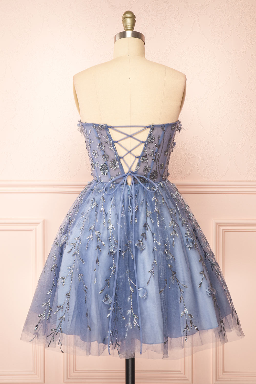 Eudora Short Sparkling Blue Dress w/ Floral Appliqués | Boutique 1861 back view