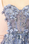 Eudora Short Sparkling Blue Dress w/ Floral Appliqués | Boutique 1861 front close-up