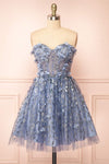 Eudora Short Sparkling Blue Dress w/ Floral Appliqués | Boutique 1861 front view