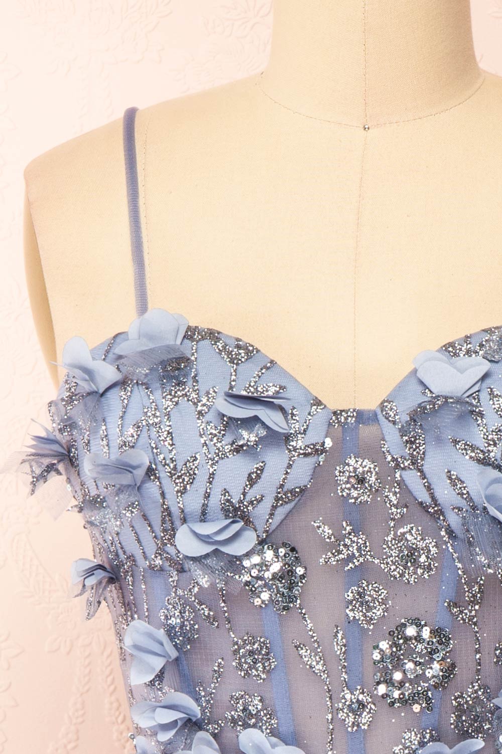 Eudora Short Sparkling Blue Dress w/ Floral Appliqués | Boutique 1861 strap close-up