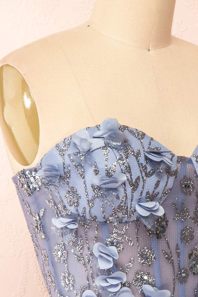 Eudora Short Sparkling Blue Dress w/ Floral Appliqués | Boutique 1861 side close-up