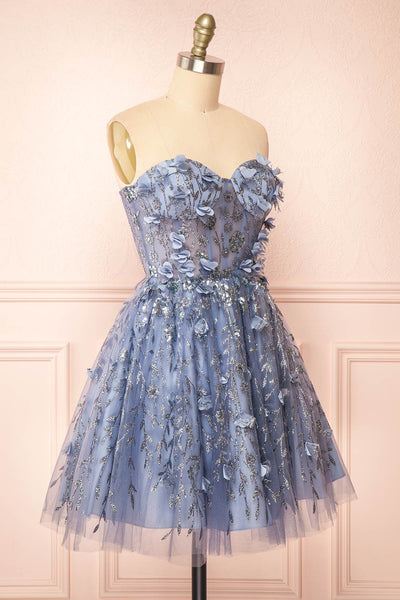 Eudora Short Sparkling Blue Dress w/ Floral Appliqués | Boutique 1861 side view