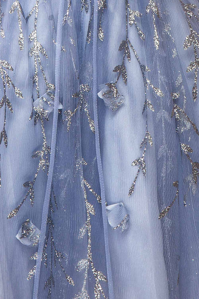 Eudora Short Sparkling Blue Dress w/ Floral Appliqués | Boutique 1861 texture close-up