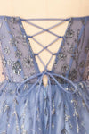 Eudora Short Sparkling Blue Dress w/ Floral Appliqués | Boutique 1861 back close-up