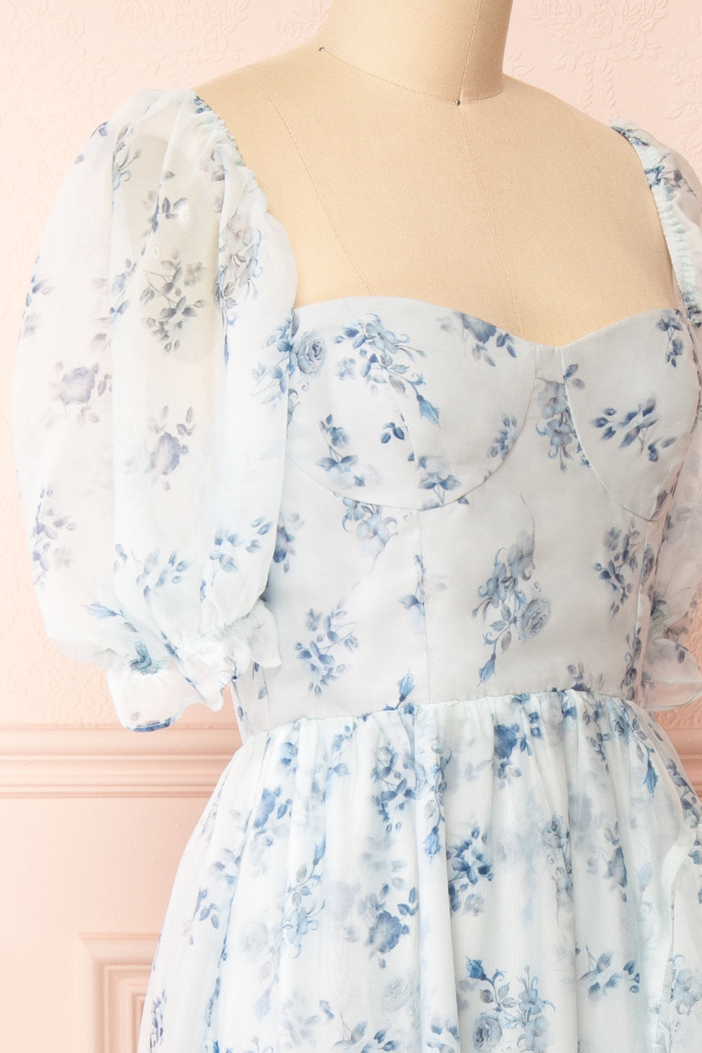Eulalia Blue Floral Maxi Dress w/ Ruffles | Boutique 1861 side close-up