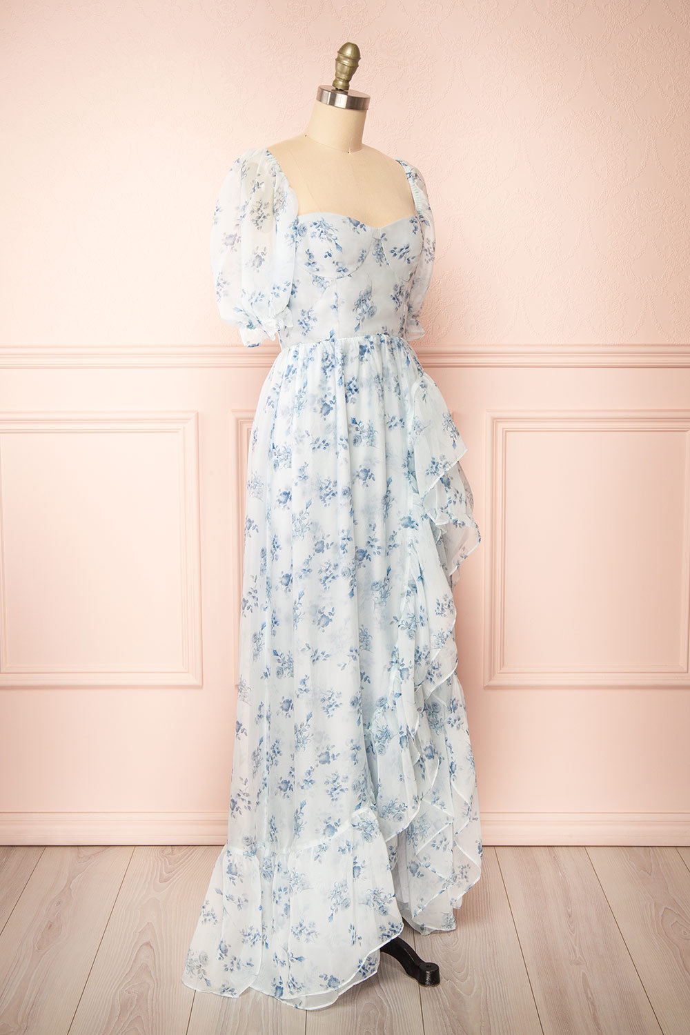 Eulalia Blue Floral Maxi Dress w/ Ruffles | Boutique 1861 side view