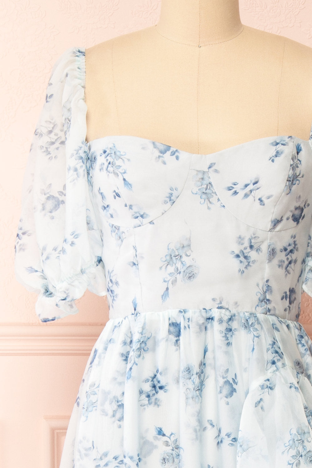 Eulalia Blue Floral Maxi Dress w/ Ruffles | Boutique 1861 front close-up