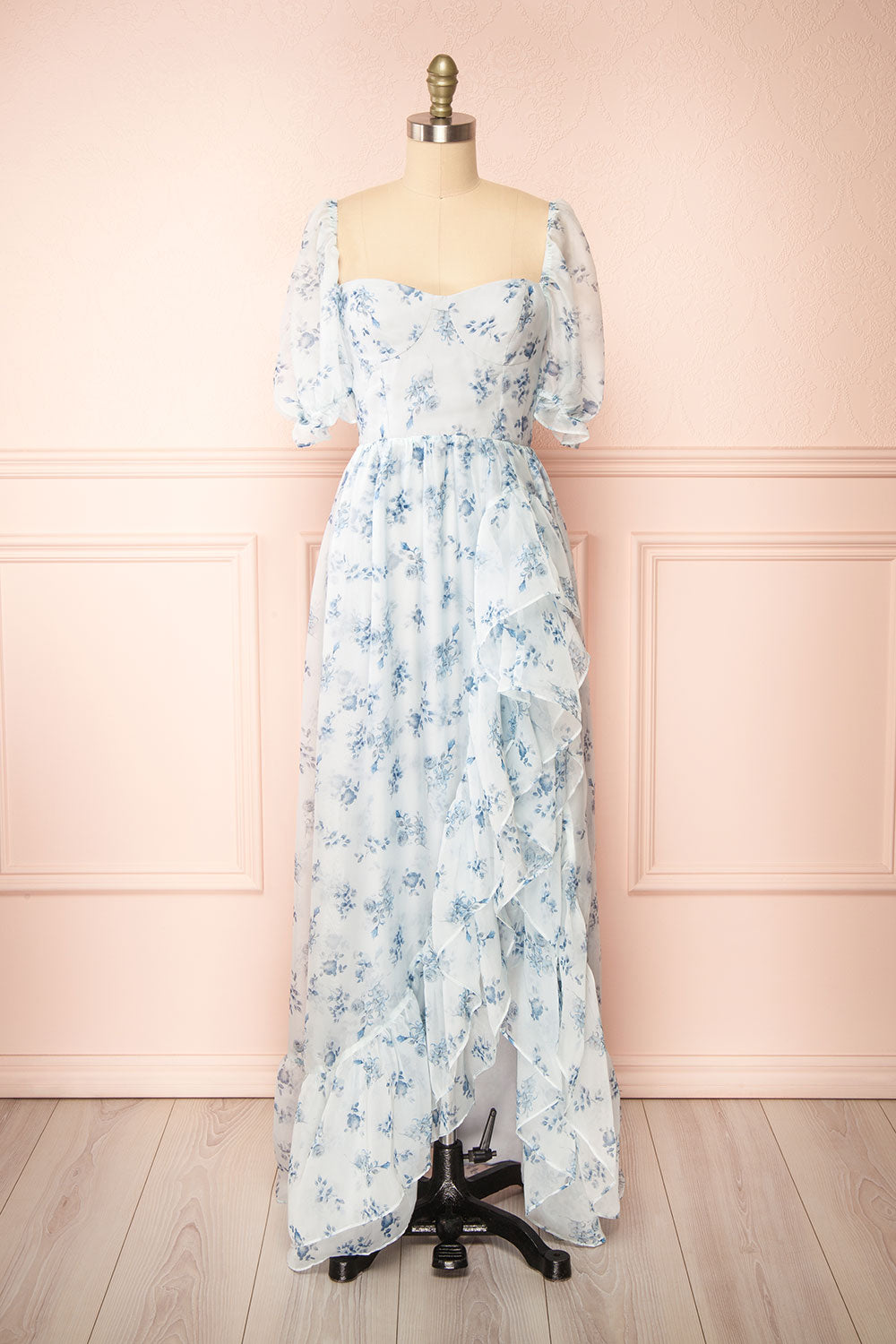 Eulalia Blue Floral Maxi Dress w/ Ruffles | Boutique 1861 front view