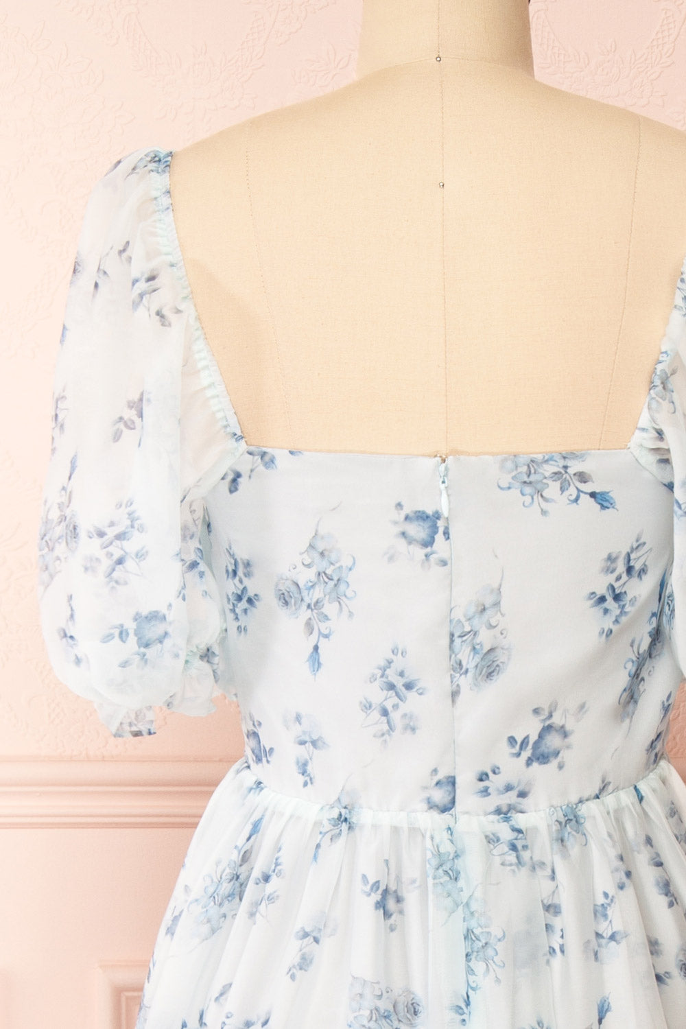 Eulalia Blue Floral Maxi Dress w/ Ruffles | Boutique 1861 back close-up