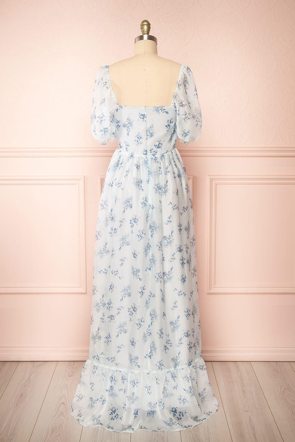 Eulalia Blue Floral Maxi Dress w/ Ruffles | Boutique 1861 back view
