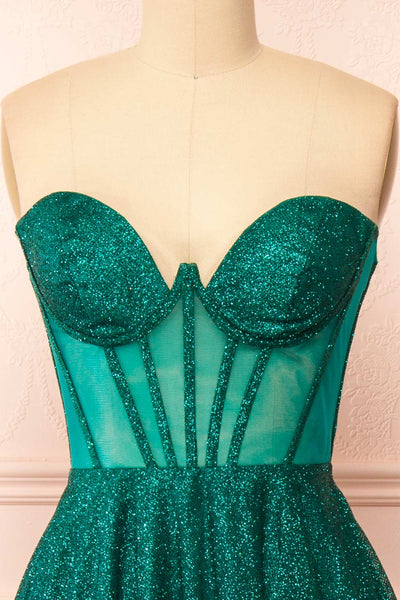 Euphea Green Glitter Strapless Corset Dress | Boutique 1861  front close-up