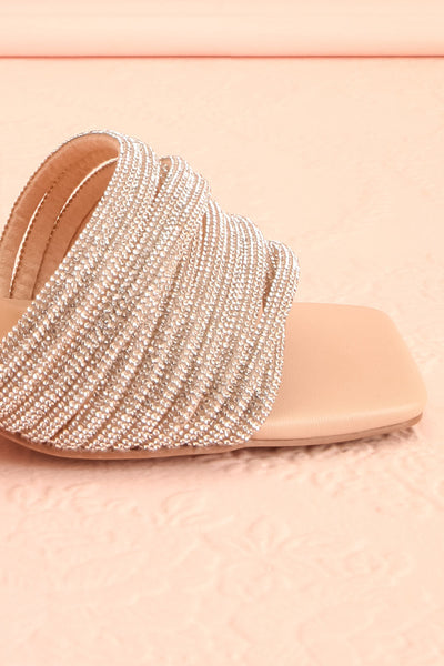 Euthenia Beige Heeled Sandals w/ Rhinestone Straps | Boutique 1861 side front close-up