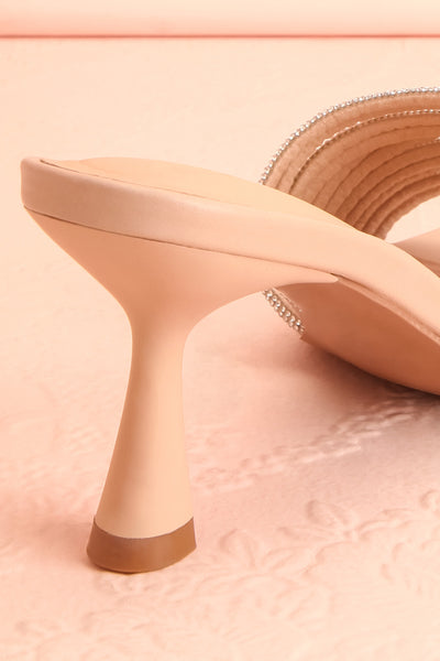 Euthenia Beige Heeled Sandals w/ Rhinestone Straps | Boutique 1861 back close-up