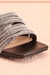 Euthenia Black Heeled Sandals w/ Rhinestone Straps | Boutique 1861 front close-up