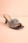 Euthenia Black Heeled Sandals w/ Rhinestone Straps | Boutique 1861 front view